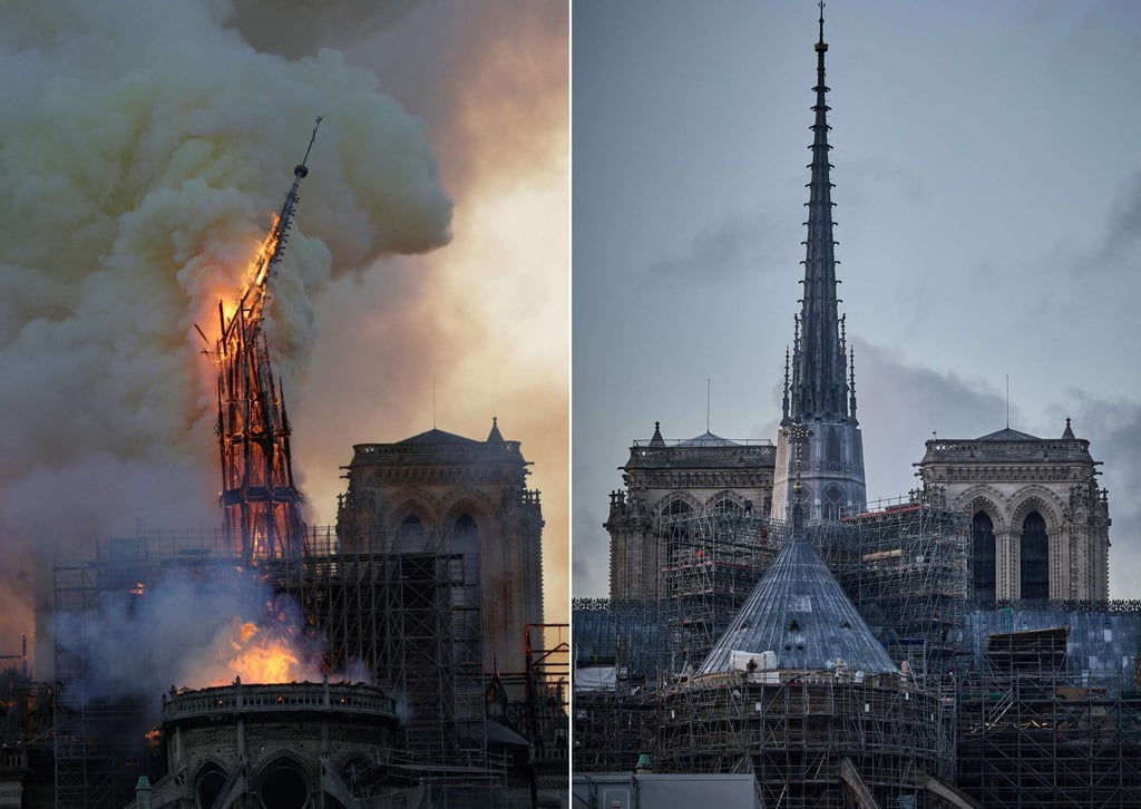 The steeple and spire engulfed in flames in 2019, and a few days before its reopening (right). Photo: AFP The steeple and spire engulfed in flames in 2019, and a few days before its reopening (right). Photo: AFP