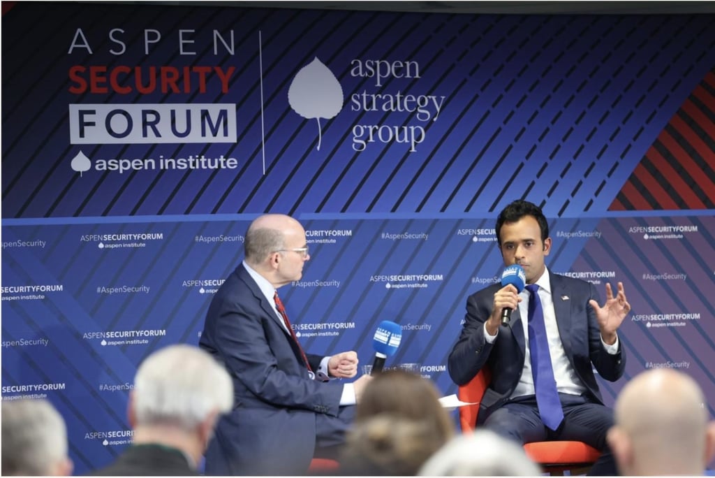 US entrepreneur Vivek Ramaswamy (right), named by Donald Trump to co-lead a new Department of Government Efficiency, speaks at the Aspen Security Forum in Washington on December 4, 2024. Photo: Aspen Institute US entrepreneur Vivek Ramaswamy (right), named by Donald Trump to co-lead a new Department of Government Efficiency, speaks at the Aspen Security Forum in Washington on December 4, 2024. Photo: Aspen Institute