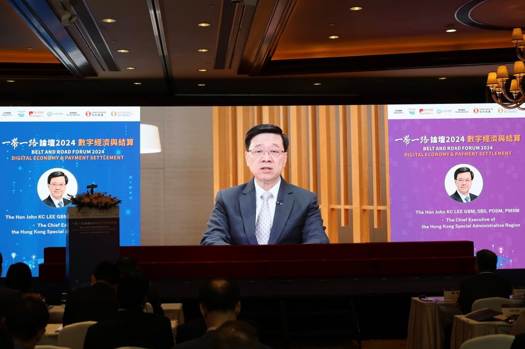 Hong Kong Chief Executive John Lee gives the opening address at the Belt and Road Forum 2024, with the theme of “Digital Economy and Payment Settlement.” Photo: Yi Luo