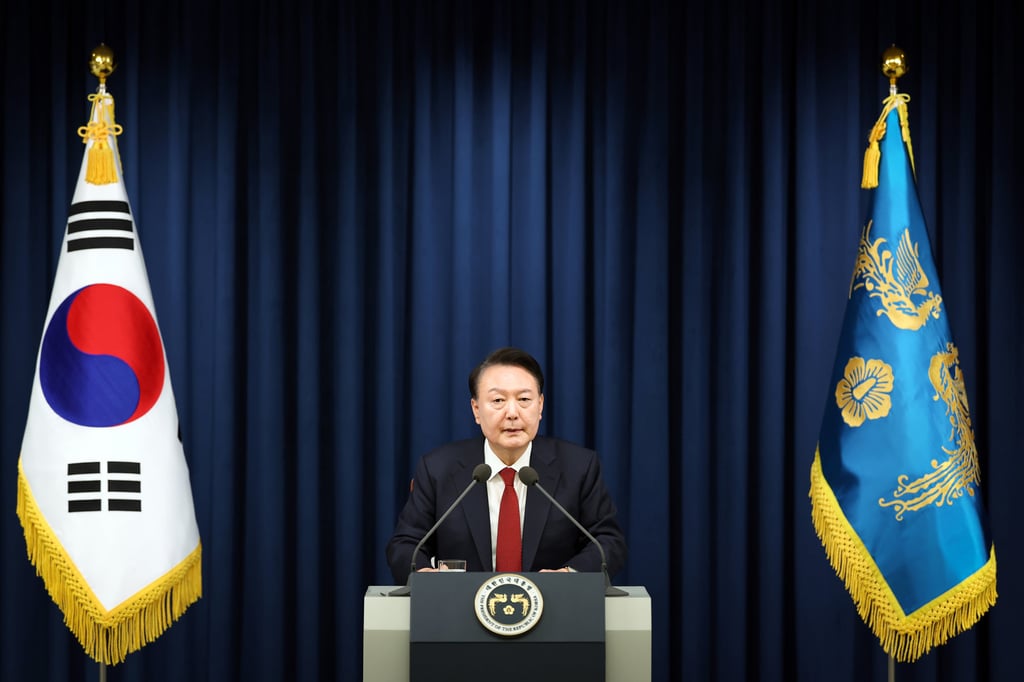 South Korean President Yoon Suk-yeol speaks during his declaration of emergency martial law in Seoul on December 3, 2024. Photo: South Korean Presidential Office/Getty Images/TNS South Korean President Yoon Suk-yeol speaks during his declaration of emergency martial law in Seoul on December 3, 2024. Photo: South Korean Presidential Office/Getty Images/TNS
