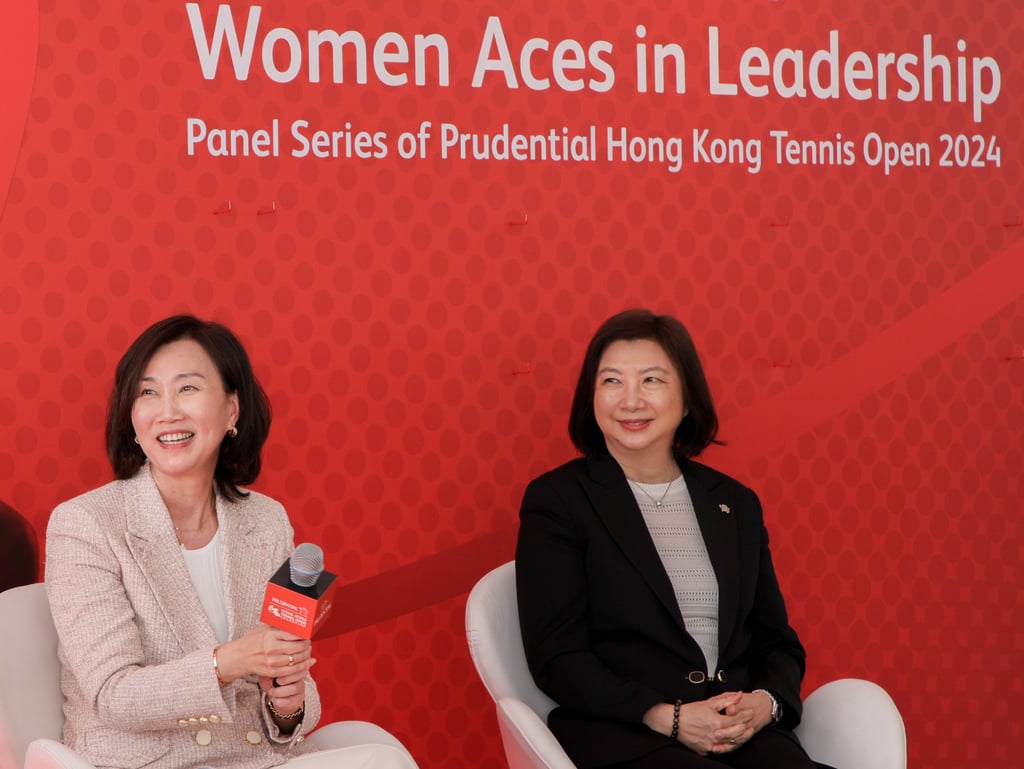 Mary Huen (left), CEO of Hong Kong, Greater China and north Asia at Standard Chartered Bank, spoke alongside Lilian Ng, managing director of the Strategic Business Group at Prudential Group, during a panel discussion about mentorship and mental resilience. Mary Huen (left), CEO of Hong Kong, Greater China and north Asia at Standard Chartered Bank, spoke alongside Lilian Ng, managing director of the Strategic Business Group at Prudential Group, during a panel discussion about mentorship and mental resilience.