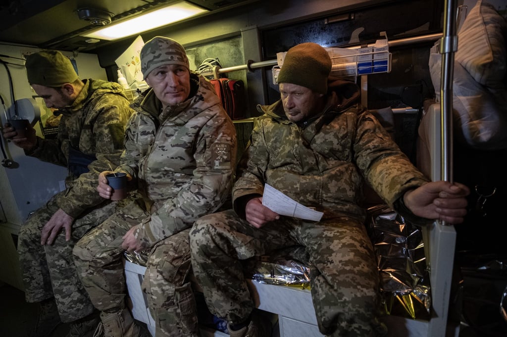 Ukrainian soldiers wounded on the front line in Donetsk on a medical bus in the Donetsk region, Ukraine on Friday. Photo: EPA-EFE