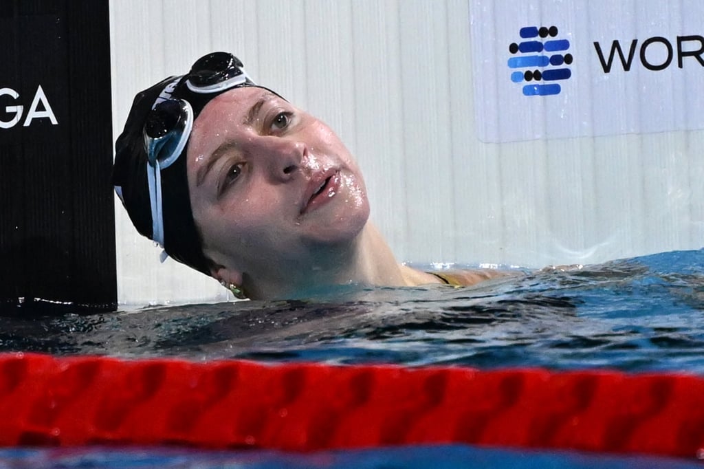 Kate Douglass of the US after winning the 200m individual medley final in Budapest on Tuesday. Photo: EPA-EFE Kate Douglass of the US after winning the 200m individual medley final in Budapest on Tuesday. Photo: EPA-EFE