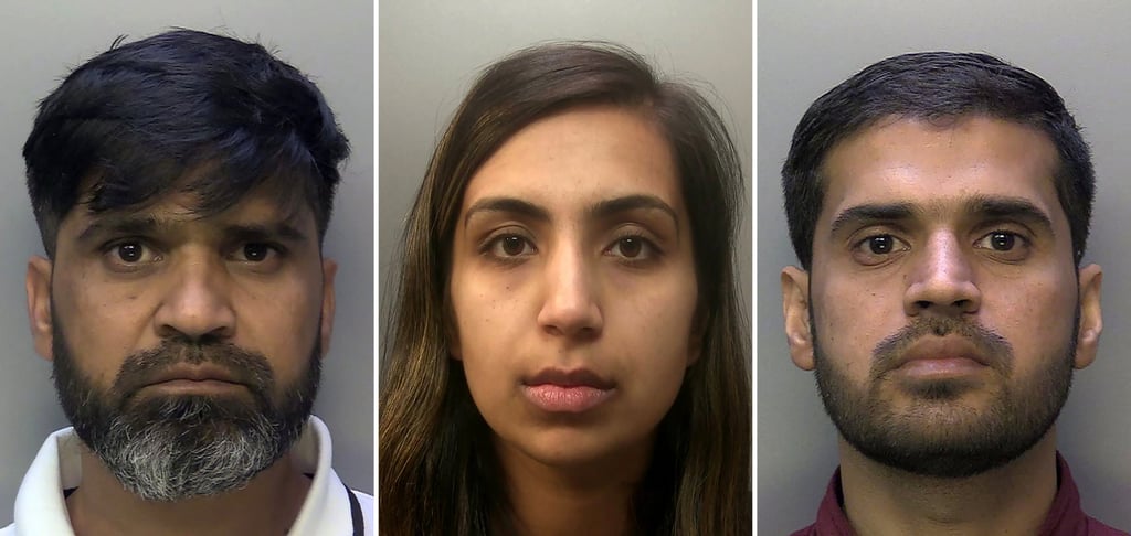 (From left) Urfan Sharif, Beinash Batool and Faisal Malik, respectively father, stepmother and uncle of Sara Sharif, in custody. Photo: AFP/Surrey police