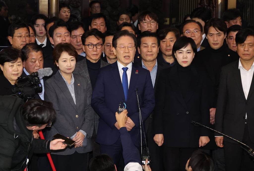South Korean opposition leader Lee Jae-myung speaking after the passing of a resolution urging President Yoon Suk-yeol to withdraw martial law in Seoul on December 4. Photo: EPA-EFE South Korean opposition leader Lee Jae-myung speaking after the passing of a resolution urging President Yoon Suk-yeol to withdraw martial law in Seoul on December 4. Photo: EPA-EFE