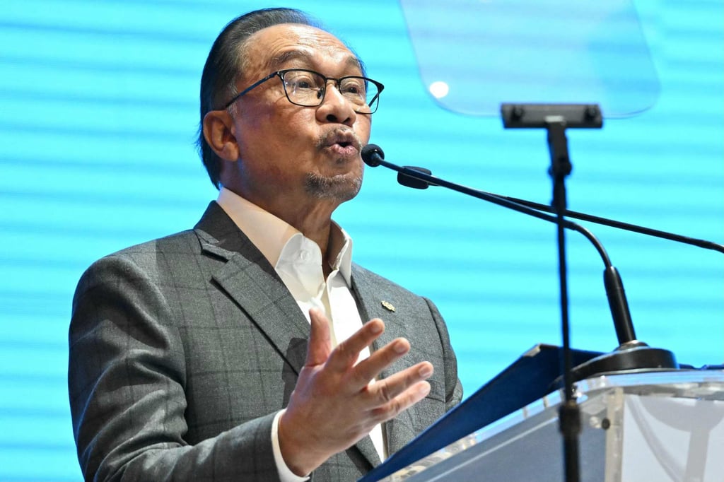 Malaysia’s PM Anwar Ibrahim speaking at the groundbreaking of Malaysia’s first Google data centre in Kuala Lumpur in October. Photo: AFP