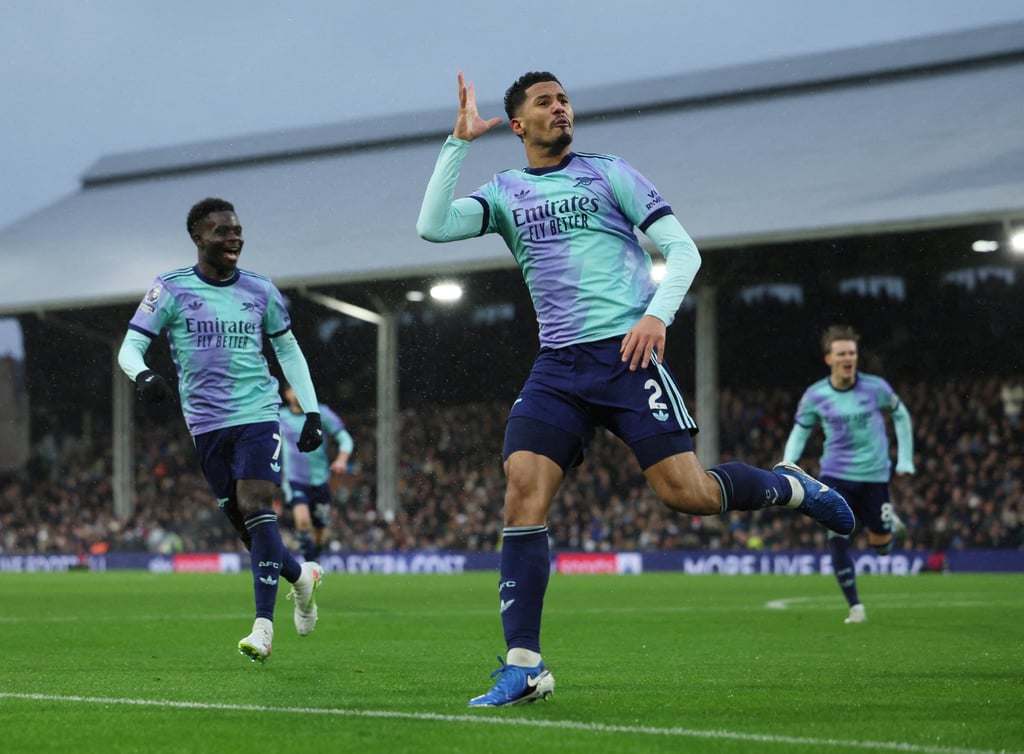 Arsenal’s William Saliba celebrates after his second goal in two games, against Fulham on Saturday. Photo: Reuters Arsenal’s William Saliba celebrates after his second goal in two games, against Fulham on Saturday. Photo: Reuters