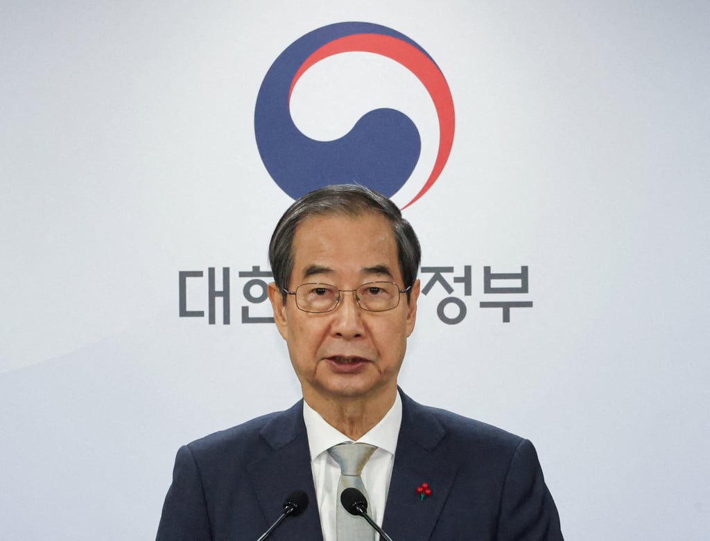 Acting South Korean President and Prime Minister Han Duck-soo delivers an address to the nation at the government complex in Seoul. Photo: Reuters Acting South Korean President and Prime Minister Han Duck-soo delivers an address to the nation at the government complex in Seoul. Photo: Reuters