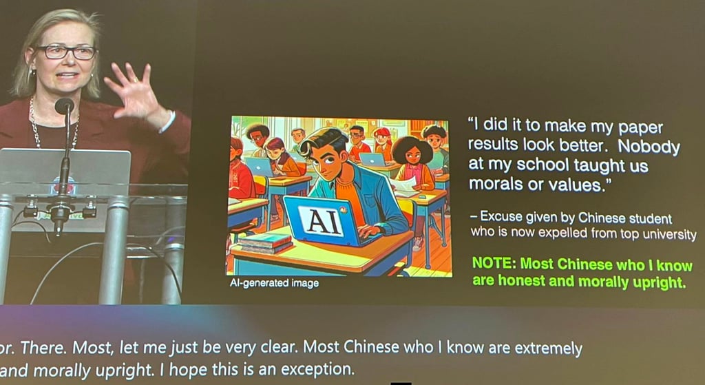 After her talk, MIT's Rosalind Picard was challenged by an audience member for pointing out the nationality of a student who had been expelled from a university for misconduct. Photo: Handout