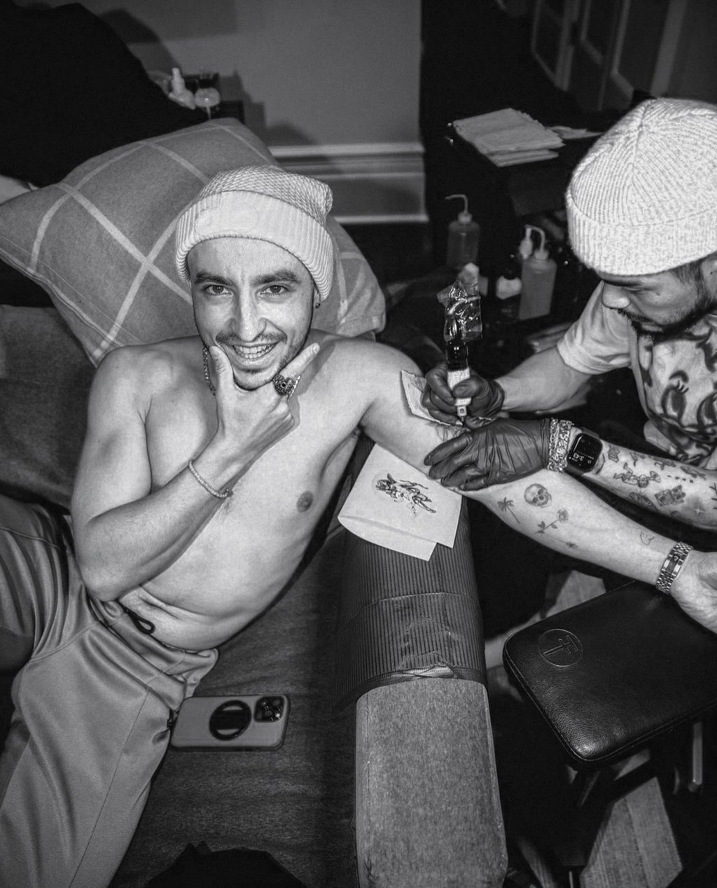 Mr Koo tattooing Loud Luxury’s Joe Depace. Photo: Handout