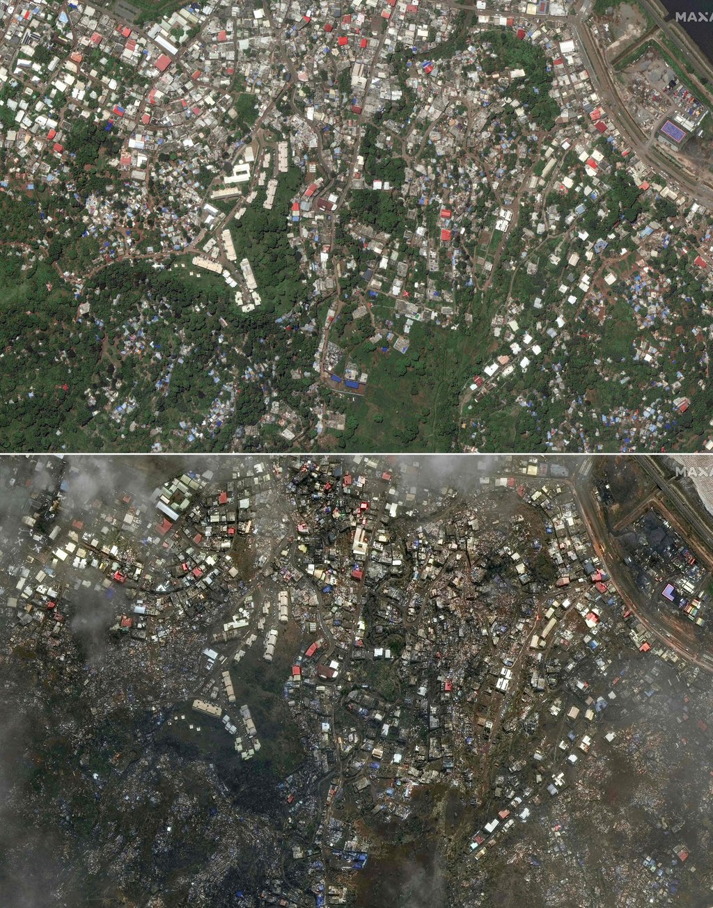 A satellite view of Mamoudzou on Mayotte on November 23 (top) before the cyclone hit, and after on December 16 (bottom). Photo: Maxar Technologies via AFP A satellite view of Mamoudzou on Mayotte on November 23 (top) before the cyclone hit, and after on December 16 (bottom). Photo: Maxar Technologies via AFP