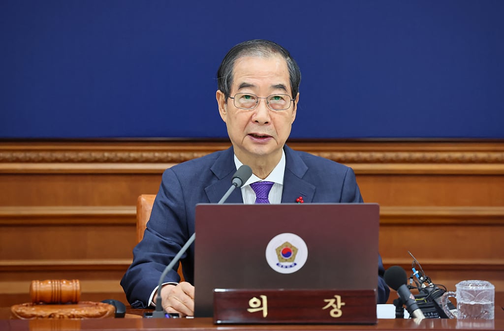 South Korea’s Prime Minister and acting President Han Duck-soo speaks during a cabinet meeting at the government complex in Seoul. Photo: South Korean Prime Ministry/AFP South Korea’s Prime Minister and acting President Han Duck-soo speaks during a cabinet meeting at the government complex in Seoul. Photo: South Korean Prime Ministry/AFP