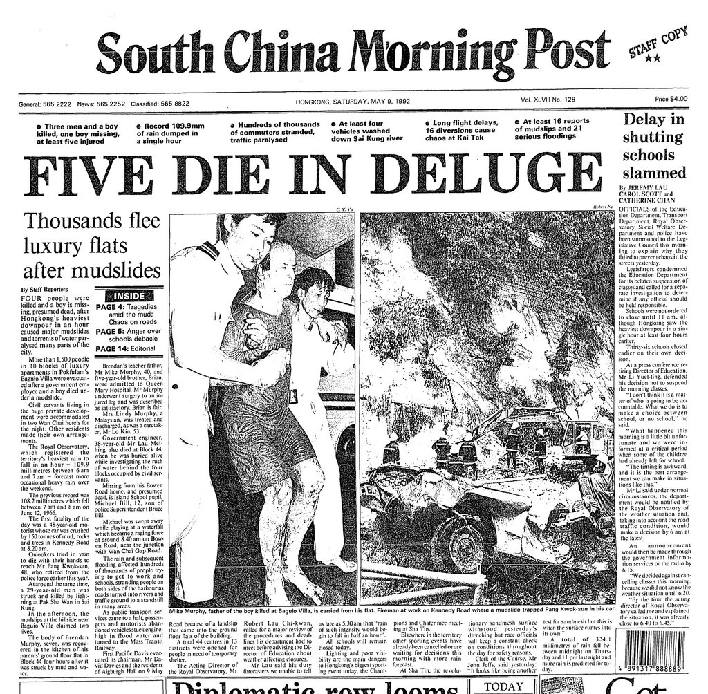 South China Morning Post front page on Saturday, May 9, 1992, describes the monster rains that killed five and prompted the creation of a new storm warning system. Photo: SCMP Archives South China Morning Post front page on Saturday, May 9, 1992, describes the monster rains that killed five and prompted the creation of a new storm warning system. Photo: SCMP Archives
