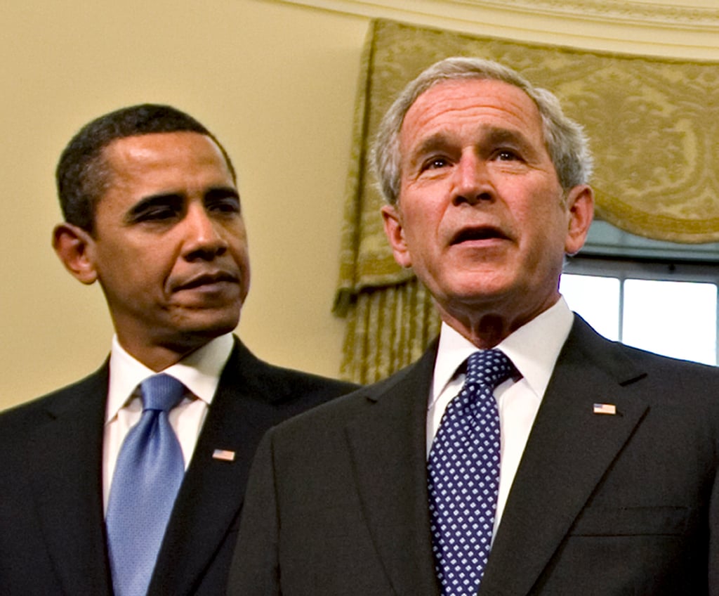 Then president-elect Barack Obama watching president George W. Bush speak in the Oval Office of the White House in Washington on January 7, 2009. Despite vast differences with Bush on ideology, style and temperament, Obama stuck with Bush policies or aspirations on a number of fronts, from counterterrorism to immigration, from war strategy to the global fight against Aids. Photo: AP Then president-elect Barack Obama watching president George W. Bush speak in the Oval Office of the White House in Washington on January 7, 2009. Despite vast differences with Bush on ideology, style and temperament, Obama stuck with Bush policies or aspirations on a number of fronts, from counterterrorism to immigration, from war strategy to the global fight against Aids. Photo: AP