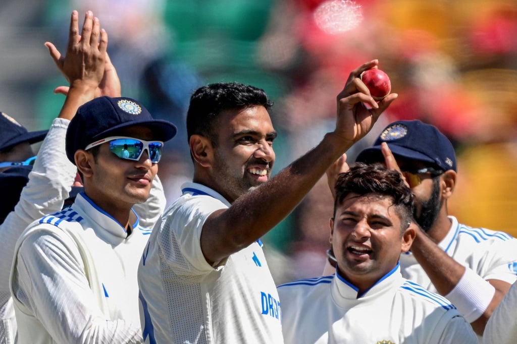 Ravichandran Ashwin (centre) celebrates after a five-wicket haul in the last Test against England in March. Photo: AFP