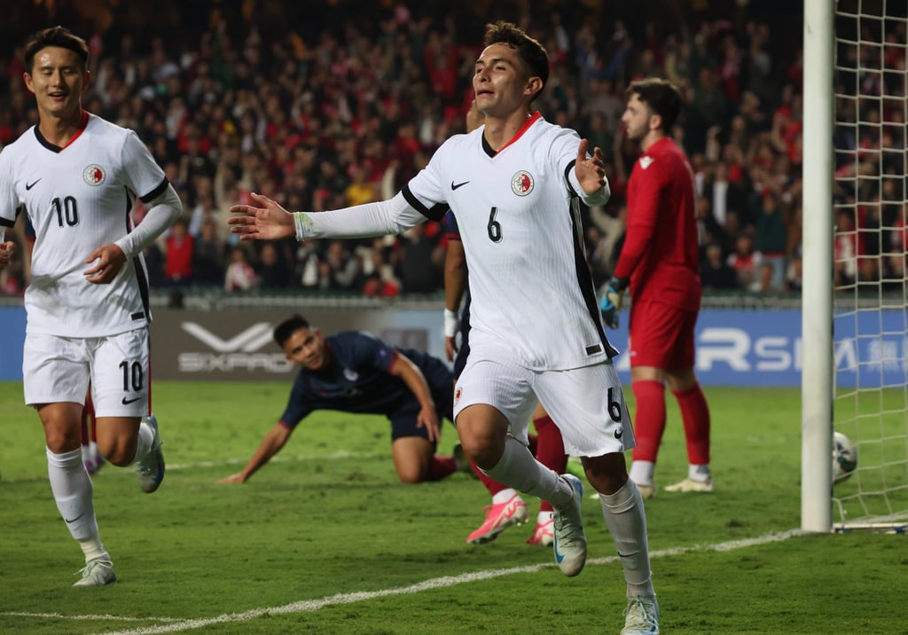 Nicholas Benavides celebrates after scoring Hong Kong’s second goal against Guam. Photo: Dickson Lee