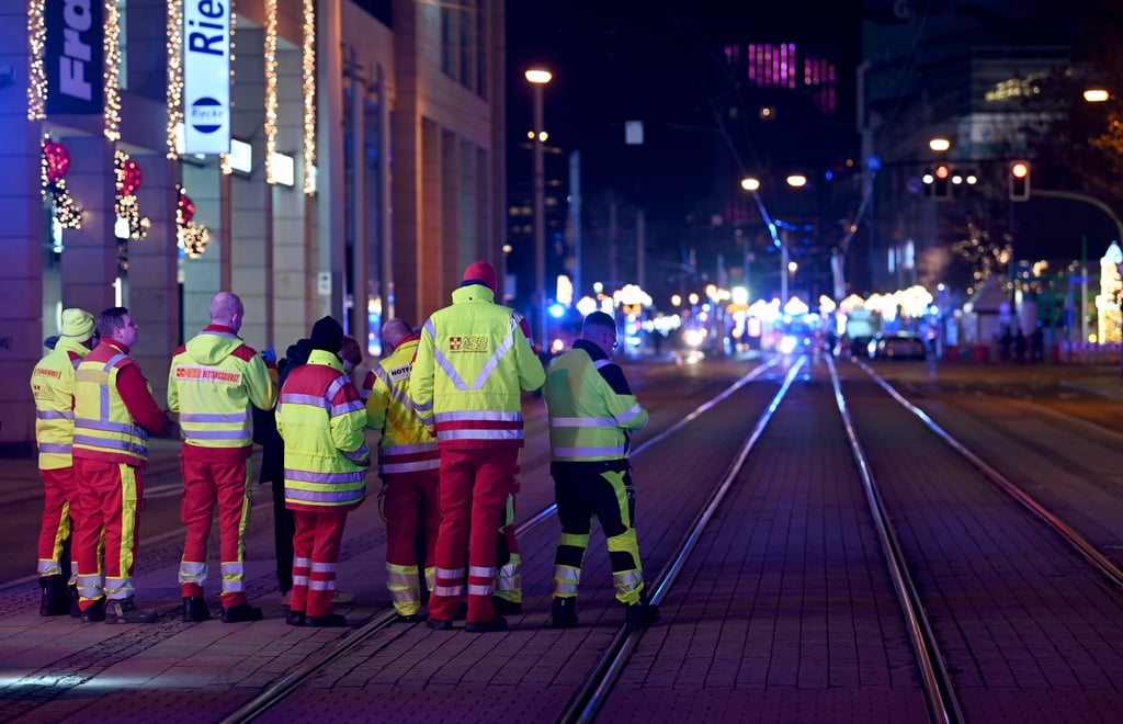 Members of the emergency services are seen on duty at the Christmas market in Magdeburg, Germany, on Friday. Photo: dpa Members of the emergency services are seen on duty at the Christmas market in Magdeburg, Germany, on Friday. Photo: dpa