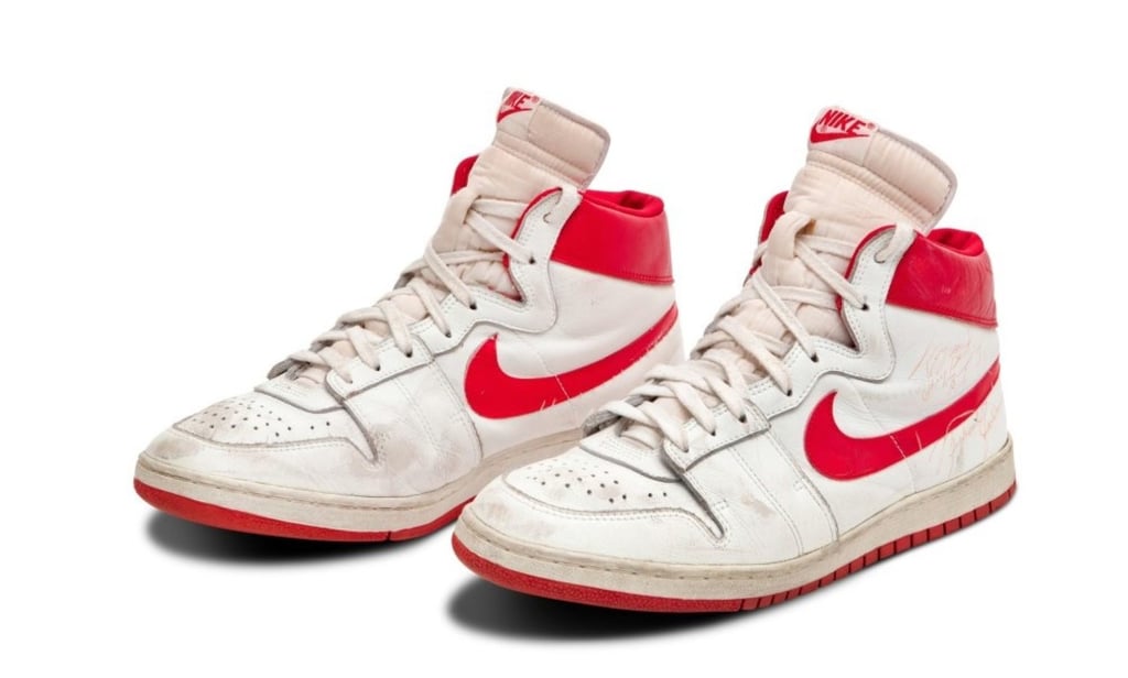A pair of Nike Air Ship basketball shoes worn by Michael Jordan in his rookie NBA season in 1984 sold for nearly US$1.5 million at auction in October 2021, at Sotheby’s in Las Vegas. Photo: Sotheby’s