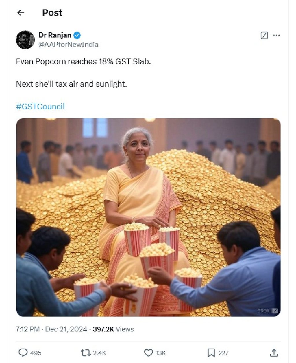 A post on X by user Dr Ranjan on India’s move to impose a three-tier tax on popcorn. Photo: X/@AAPforNewIndia A post on X by user Dr Ranjan on India’s move to impose a three-tier tax on popcorn. Photo: X/@AAPforNewIndia