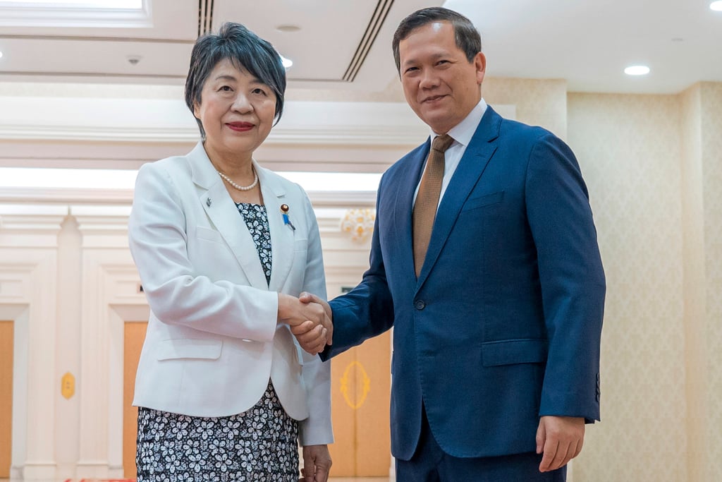 Cambodian Prime Minister Hun Manet shakes hands with then-Japanese Foreign Minister Yoko Kamikawa in Phnom Penh in July. Photo: AP Cambodian Prime Minister Hun Manet shakes hands with then-Japanese Foreign Minister Yoko Kamikawa in Phnom Penh in July. Photo: AP