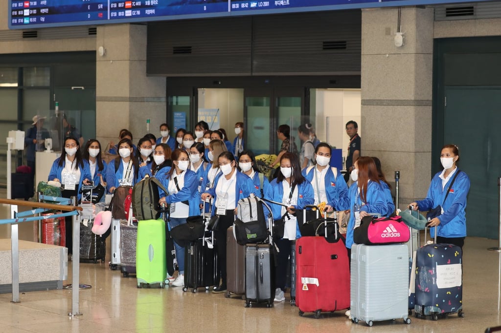 A group of 100 Filipino women, who will participate in a pilot government project as carers, at Incheon International Airport in 2024. Photo: EPA A group of 100 Filipino women, who will participate in a pilot government project as carers, at Incheon International Airport in 2024. Photo: EPA