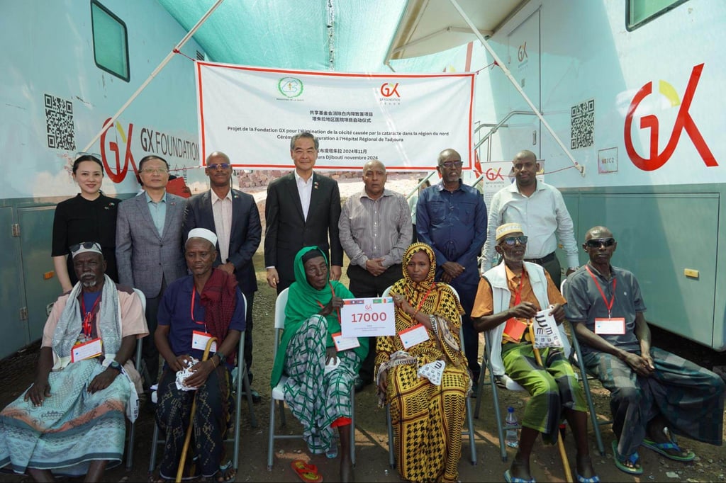 Leung Chun-ying (standing, centre), with (from left) GX CEO Emily Chan, Chinese envoy Hu Bin and Djibouti’s Health Minister Robleh Abdilleh, at an event in Djibouti to mark the work of GX Foundation. Photo: Handout