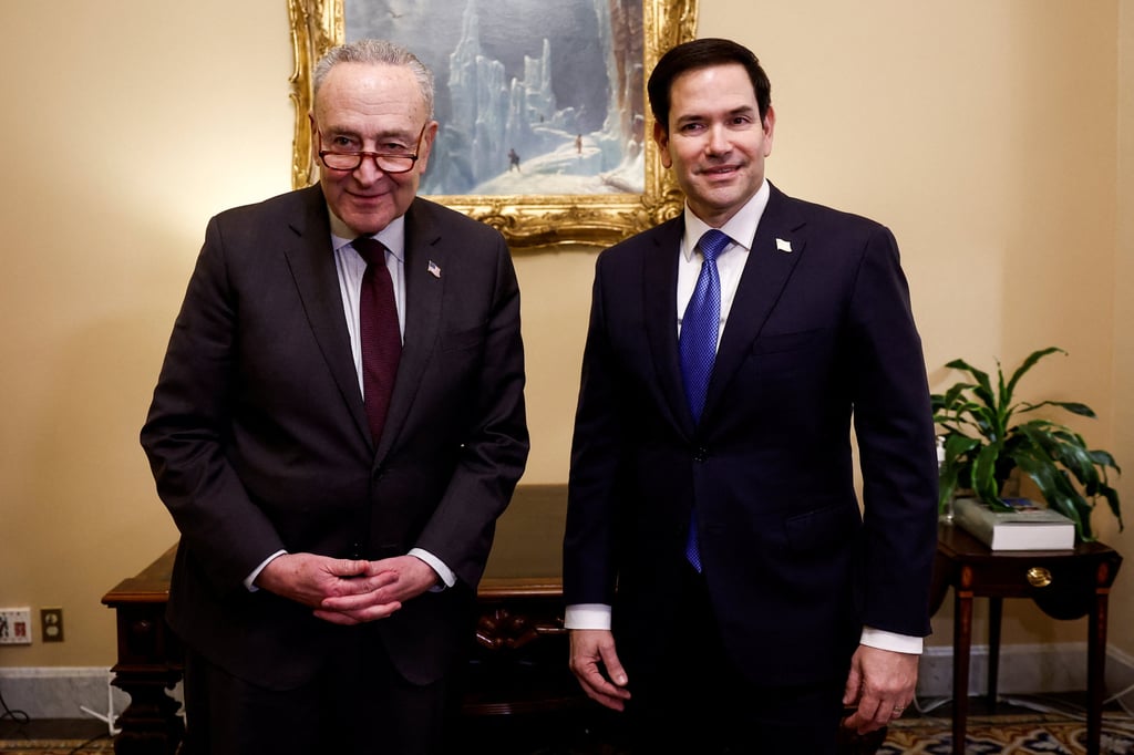 Marco Rubio, a US senator from Florida, meets Senate Democratic leader Chuck Schumer of New York in Washington on December 10, 2024. The Republican is president-elect Donald Trump’s choice for secretary of state. Photo: Reuters