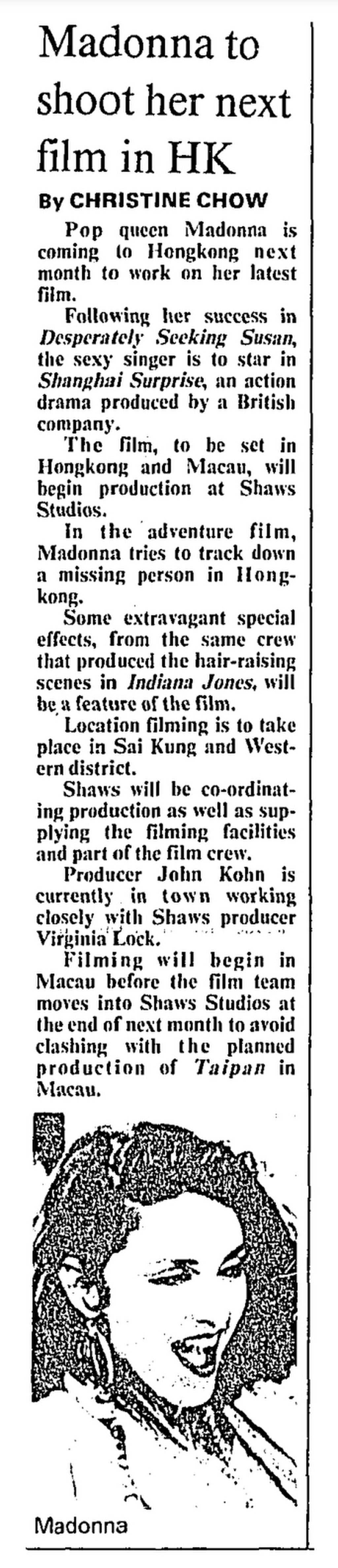 “Pop queen Madonna is coming to Hong Kong,” reported the South China Morning Post on December 8, 1985. Photo: SCMP Archives “Pop queen Madonna is coming to Hong Kong,” reported the South China Morning Post on December 8, 1985. Photo: SCMP Archives