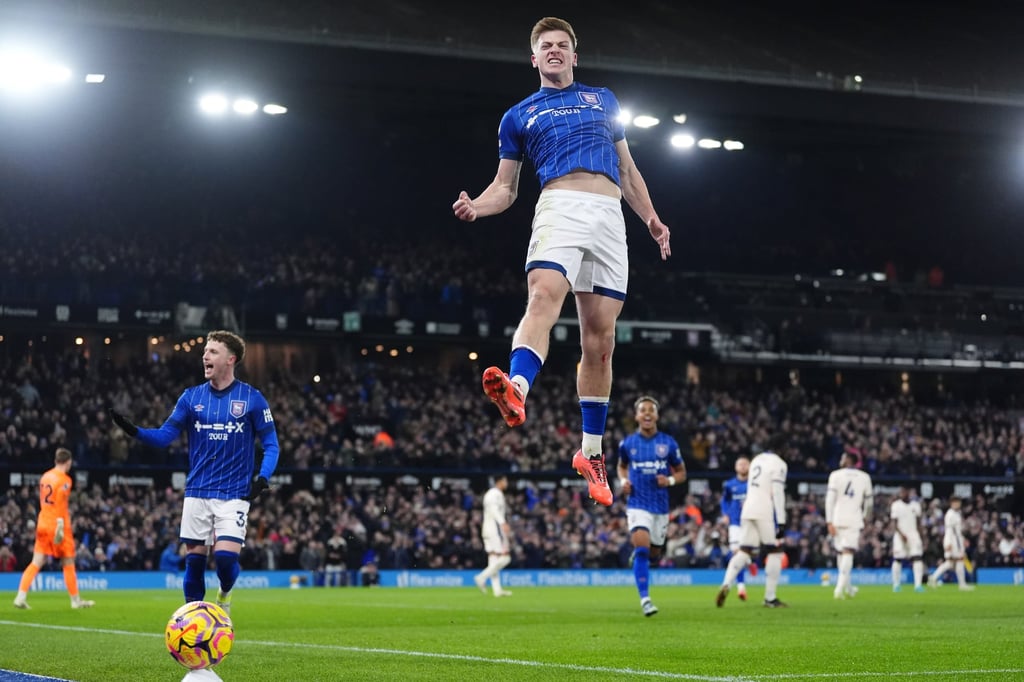 Liam Delap celebrates scoring Ipswich Town’s first goal against Chelsea at Portman Road. Photo: DPA