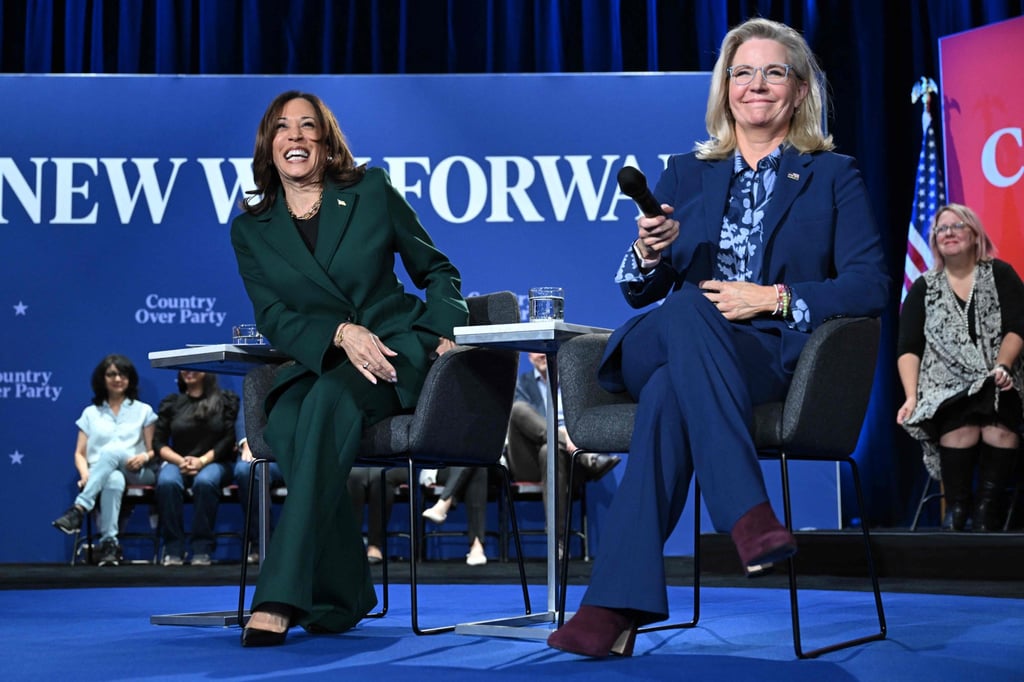 US Vice-President Kamala Harris (left) and former Representative Liz Cheney at a town hall in Michigan. Cheney said she would vote for Harris in the 2024 presidential race and even campaigned with her, raising Trump’s ire. Photo: AFP