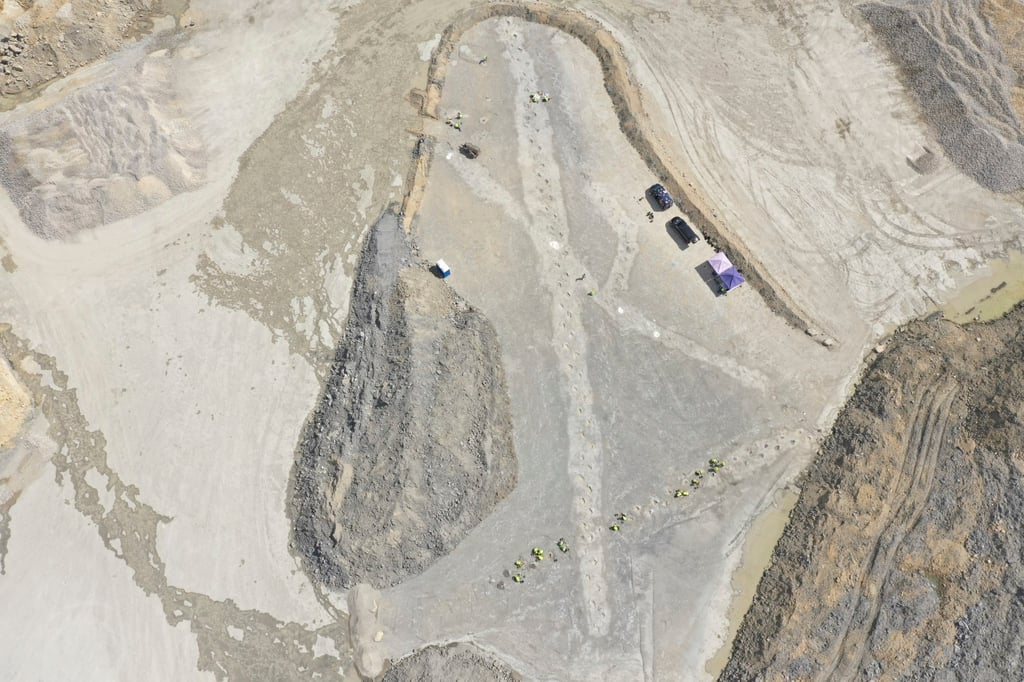 A view of five extensive trackways that formed part of a ‘dinosaur highway’. Photo: University of Birmingham via AP A view of five extensive trackways that formed part of a ‘dinosaur highway’. Photo: University of Birmingham via AP