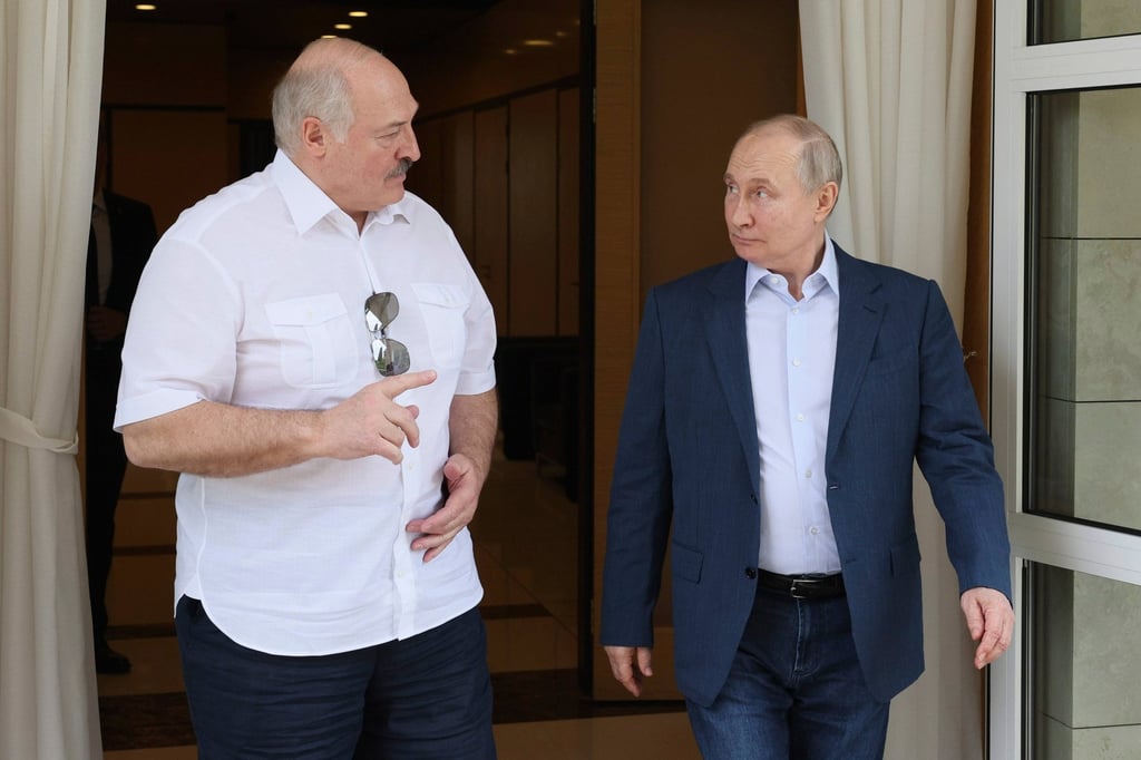 Belarusian President Alexander Lukashenko speaking to Russian President Vladimir Putin at the Bocharov Ruchei residence in the resort city of Sochi in Russia on June 9, 2023. Photo: Kremlin Pool via AP Belarusian President Alexander Lukashenko speaking to Russian President Vladimir Putin at the Bocharov Ruchei residence in the resort city of Sochi in Russia on June 9, 2023. Photo: Kremlin Pool via AP