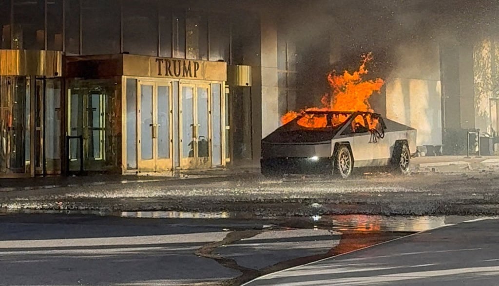 Flames rise from a Tesla Cybertruck after it exploded outside the Trump International Hotel Las Vegas on January 1. Photo: Alcides Antunes via Reuters