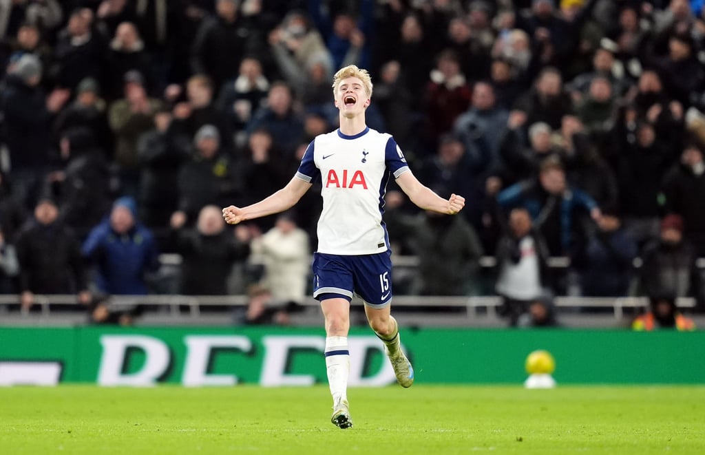 Tottenham Hotspur’s Lucas Bergvall celebrates after opening the scoring against Liverpool in the EFL Cup. Photo: dpa