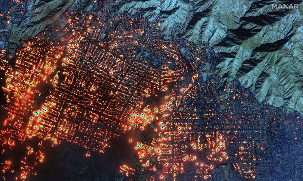 The Eaton fire in Altadena, California, is seen in a satellite image on Wednesday. Image: Maxar Technologies via AP The Eaton fire in Altadena, California, is seen in a satellite image on Wednesday. Image: Maxar Technologies via AP