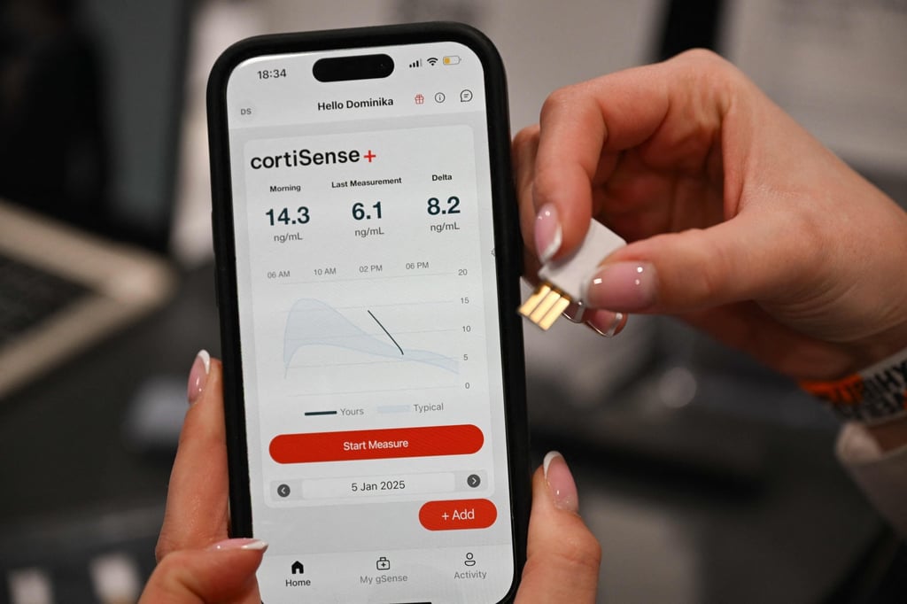 The Nutrix cortiSense saliva test sensor and app at CES Unveiled, ahead of the Consumer Electronics Show in Las Vegas, Nevada. Photo: AFP