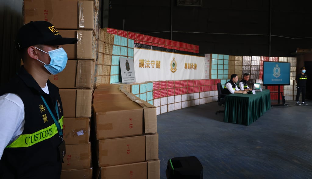 Cigarette smuggling has bounced back after the pandemic to surpass pre-Covid-19 levels. Authorities seized about HK$120 million in illicit cigarettes in July from a storage centre and underground factory in Lau Fau Shan. Photo: Dickson Lee Cigarette smuggling has bounced back after the pandemic to surpass pre-Covid-19 levels. Authorities seized about HK$120 million in illicit cigarettes in July from a storage centre and underground factory in Lau Fau Shan. Photo: Dickson Lee