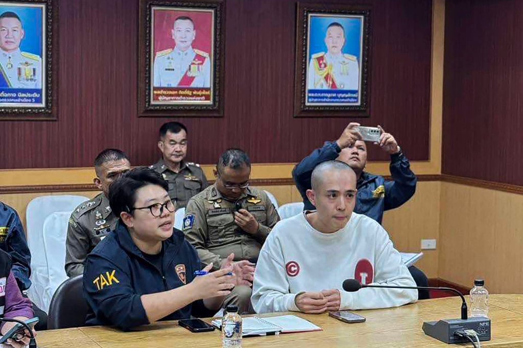 Chinese actor Wang Xing (right) with Thai police officers in Mae Sot district along Thai-Myanmar border, on Tuesday. Photo: The Royal Thai Police via AP Chinese actor Wang Xing (right) with Thai police officers in Mae Sot district along Thai-Myanmar border, on Tuesday. Photo: The Royal Thai Police via AP