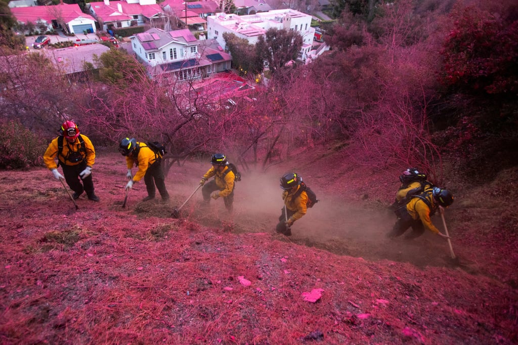 Firefighters work to clear a firebreak. Photo: Reuters