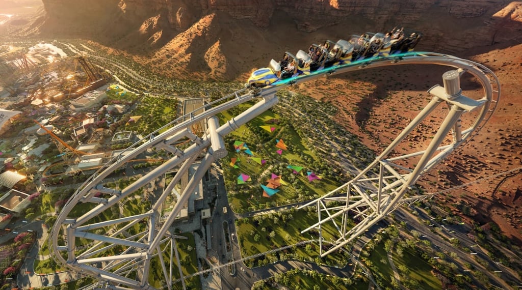 An artist’s impression of Falcon’s Flight at Six Flags Qiddiya City in Saudi Arabia. When it opens it will be the tallest and fastest roller coaster in the world. Photo: Six Flags Qiddiya City An artist’s impression of Falcon’s Flight at Six Flags Qiddiya City in Saudi Arabia. When it opens it will be the tallest and fastest roller coaster in the world. Photo: Six Flags Qiddiya City