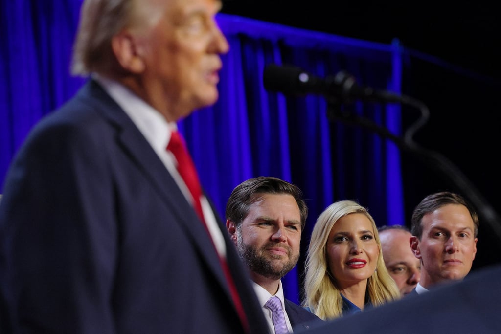 Republican vice-president elect JD Vance, Ivanka Trump and her husband Jared Kushner listen as Donald Trump speaks at his election night rally in West Palm Beach, Florida. Photo: Reuters Republican vice-president elect JD Vance, Ivanka Trump and her husband Jared Kushner listen as Donald Trump speaks at his election night rally in West Palm Beach, Florida. Photo: Reuters