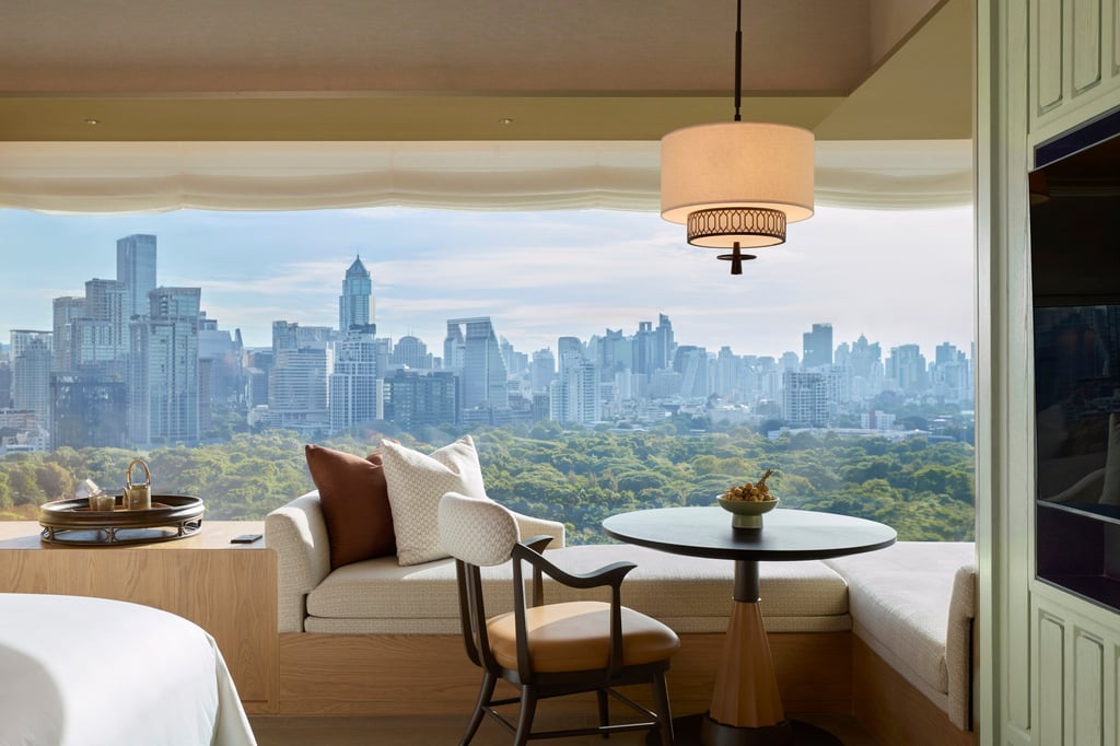 A deluxe corner king room at the Dusit Thani Bangkok, offering unrivalled views of Lumpini Park and the city’s skyline. Photo: Handout A deluxe corner king room at the Dusit Thani Bangkok, offering unrivalled views of Lumpini Park and the city’s skyline. Photo: Handout