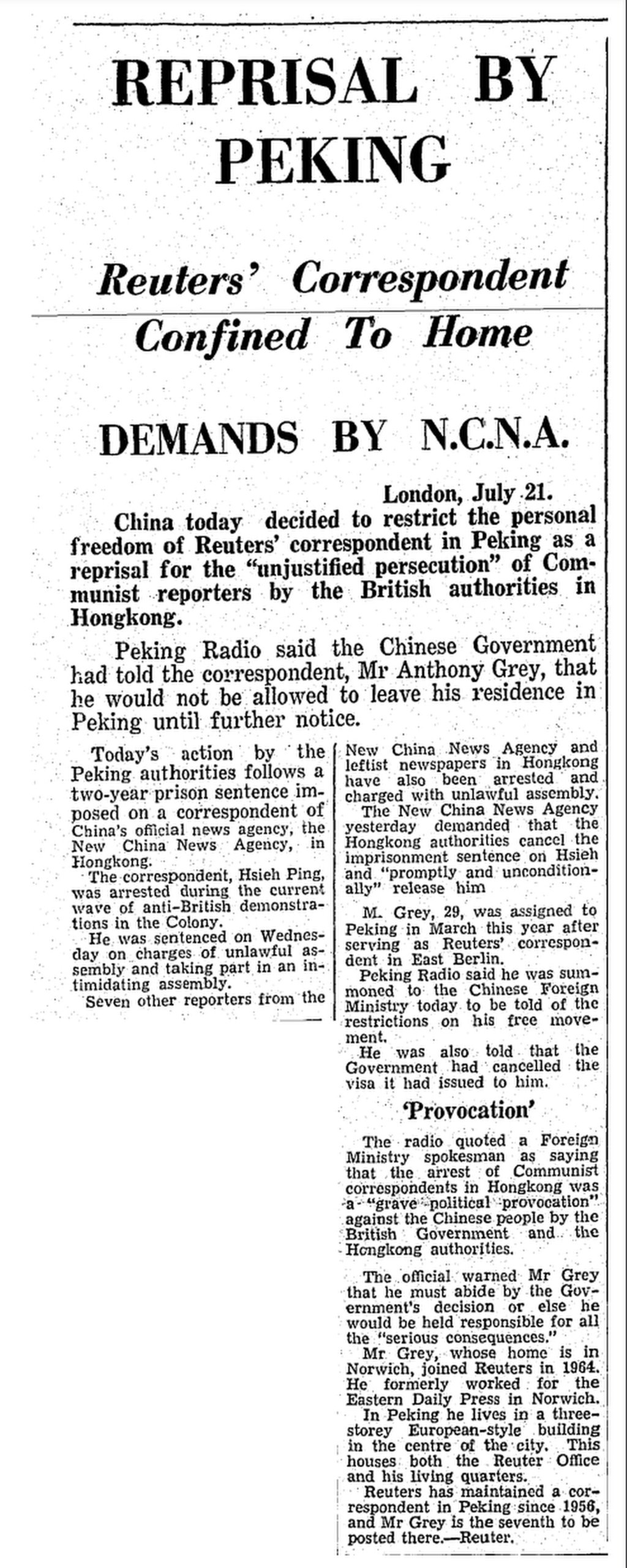 The South China Morning Post’s report on Anthony Grey’s house arrest in 1967. Photo: SCMP Archives