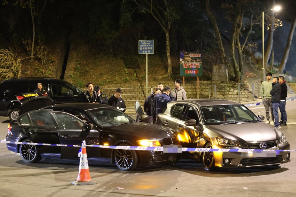 The suspects’ black getaway car hit another vehicle in Tai Po. Photo: Handout