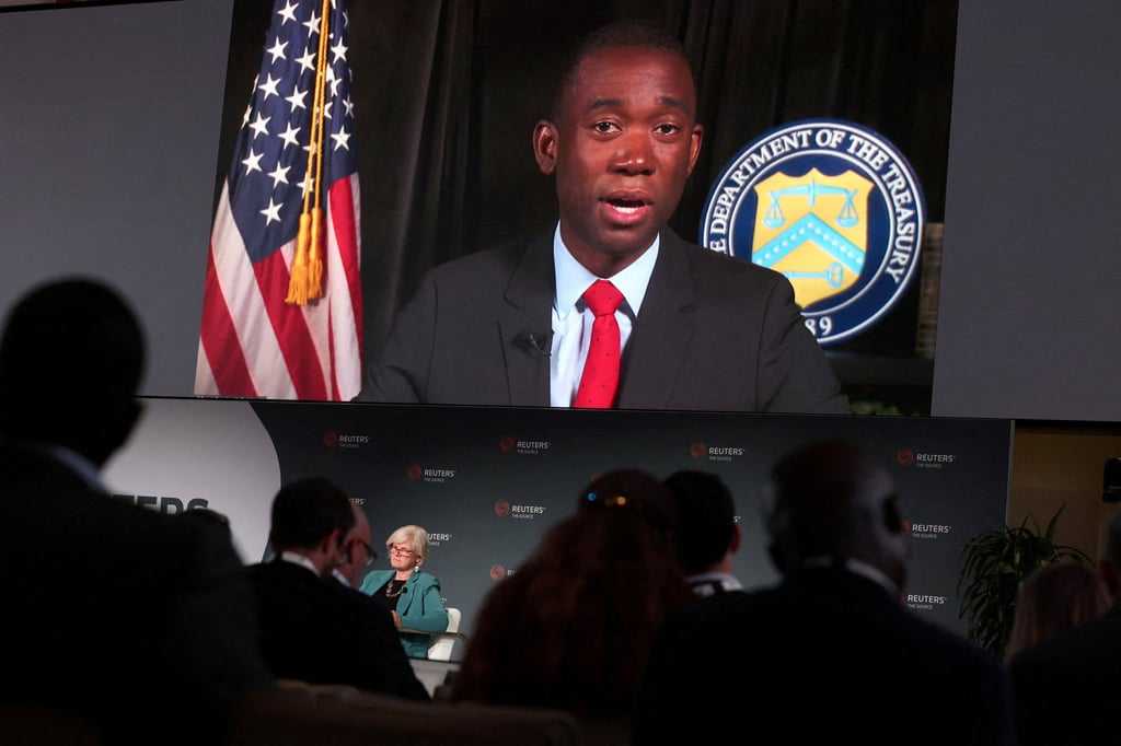 Wally Adeyemo, US Treasury Deputy Secretary, speaks at an event in New York via video link in November 2023. Photo: Reuters Wally Adeyemo, US Treasury Deputy Secretary, speaks at an event in New York via video link in November 2023. Photo: Reuters