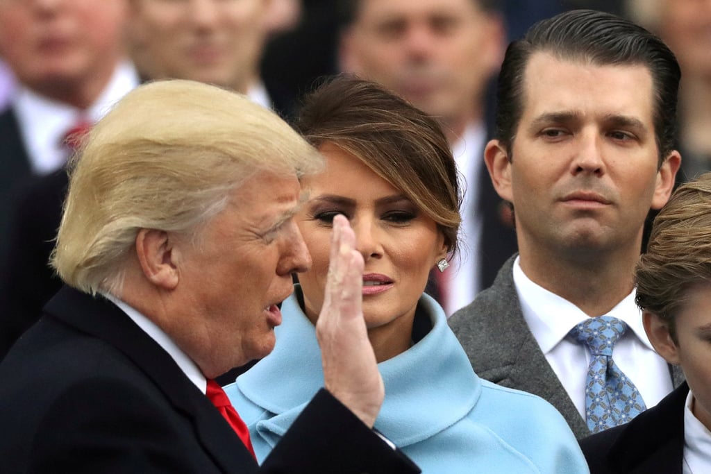Donald Trump takes the presidential oath of office for his first term on January 20, 2017, as Melania Trump and Donald Trump Jnr look on. Photo: Reuters Donald Trump takes the presidential oath of office for his first term on January 20, 2017, as Melania Trump and Donald Trump Jnr look on. Photo: Reuters