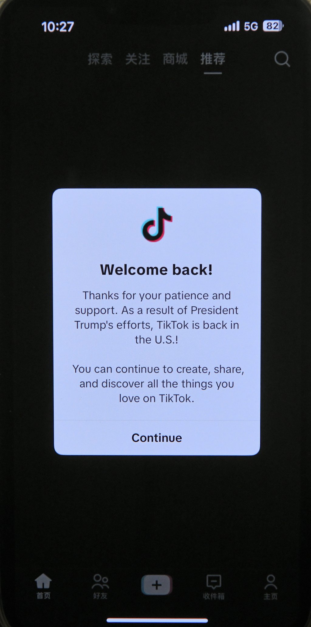 TikTok praised Donald Trump in a message to users upon resuming service in the US after a brief shutdown on Sunday that the company blamed on a law requiring ByteDance to divest the app. Photo: Xinhua TikTok praised Donald Trump in a message to users upon resuming service in the US after a brief shutdown on Sunday that the company blamed on a law requiring ByteDance to divest the app. Photo: Xinhua