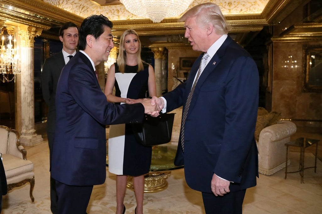 Japan’s then-prime minister, Shinzo Abe, rushed to Trump Tower to meet Donald Trump in 2016 before his first term as US president. Photo: Japan’s Cabinet Public Relations Office/Reuters Japan’s then-prime minister, Shinzo Abe, rushed to Trump Tower to meet Donald Trump in 2016 before his first term as US president. Photo: Japan’s Cabinet Public Relations Office/Reuters