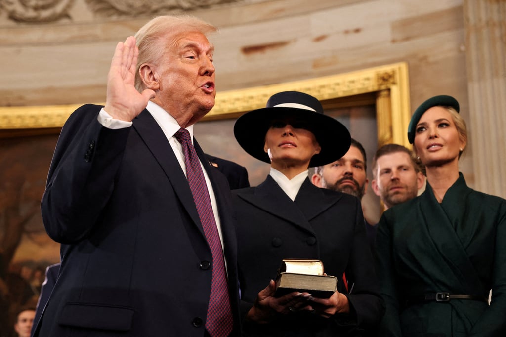 Donald Trump takes the oath of office for his second term as US president in Washington on Monday. Photo: Reuters