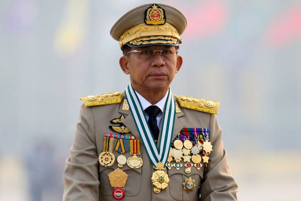 Myanmar junta chief Min Aung Hlaing presides over a military parade in Naypyidaw in March 2021. Photo: Reuters Myanmar junta chief Min Aung Hlaing presides over a military parade in Naypyidaw in March 2021. Photo: Reuters